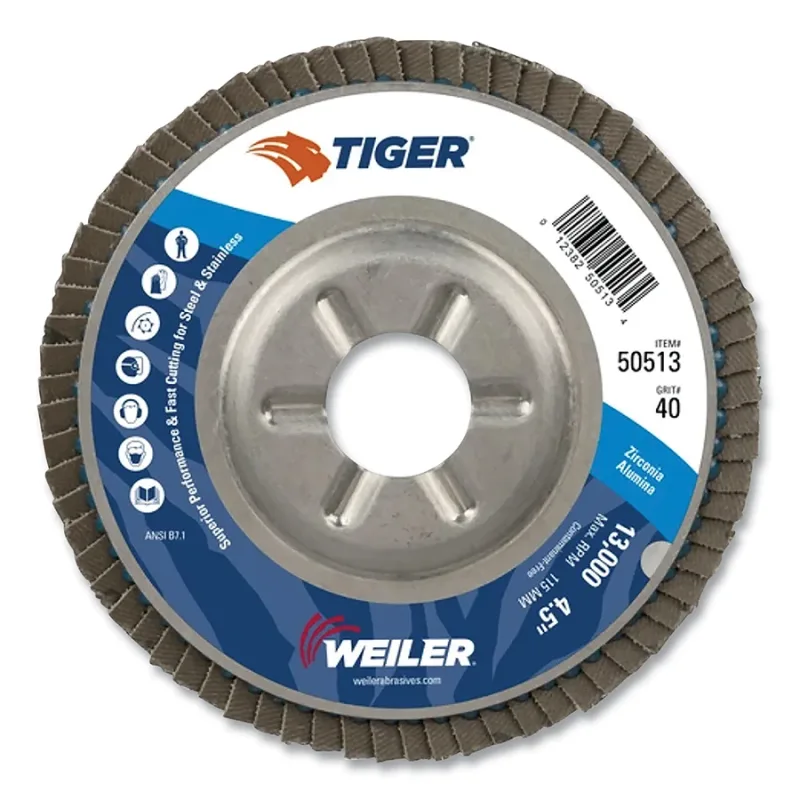 Tiger Disc Angled Style Flap Discs, 4 1/2", 40 Grit, 7/8 Arbor, Aluminum Back