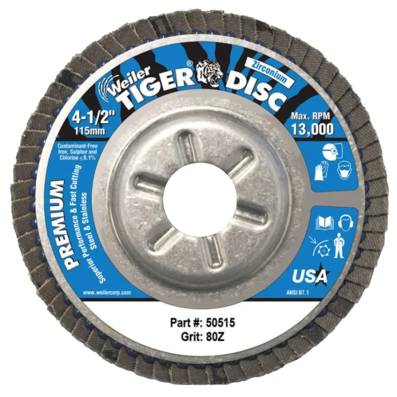 Tiger® Disc Angled Style Flap Disc, 4-1/2 in dia, 80 Grit, 7/8 Arbor, 13000 rpm, Type 29