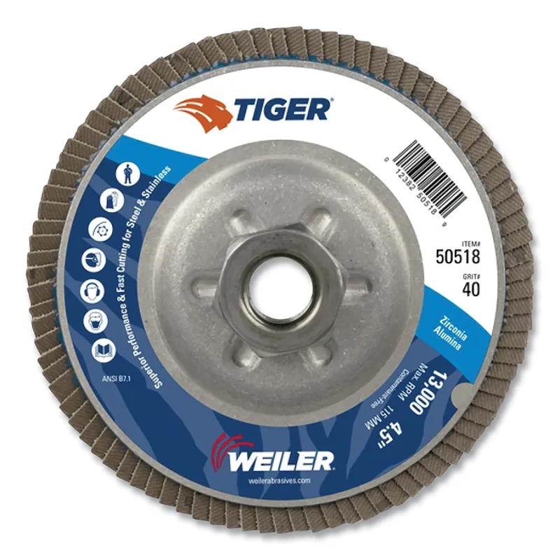 Tiger® Disc Angled Style Flap Disc, 4-1/2 in dia, 40 Grit, 5/8 in-11, 13000 rpm, Type 29