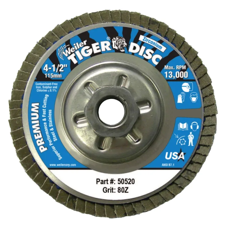 Tiger® Disc Angled Style Flap Disc, 4-1/2 in dia, 80 Grit, 5/8 in-11, 13000 rpm, Type 29