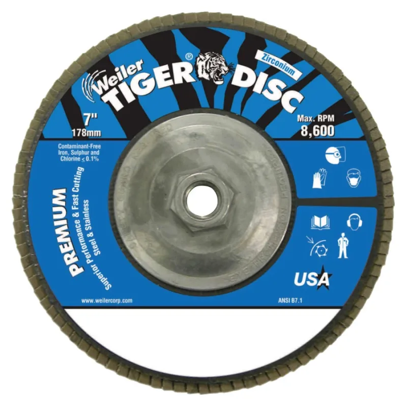 Tiger® Disc Angled Style Flap Disc, 7 in dia, 60 Grit, 5/8 in-11, 8600 rpm, Type 29