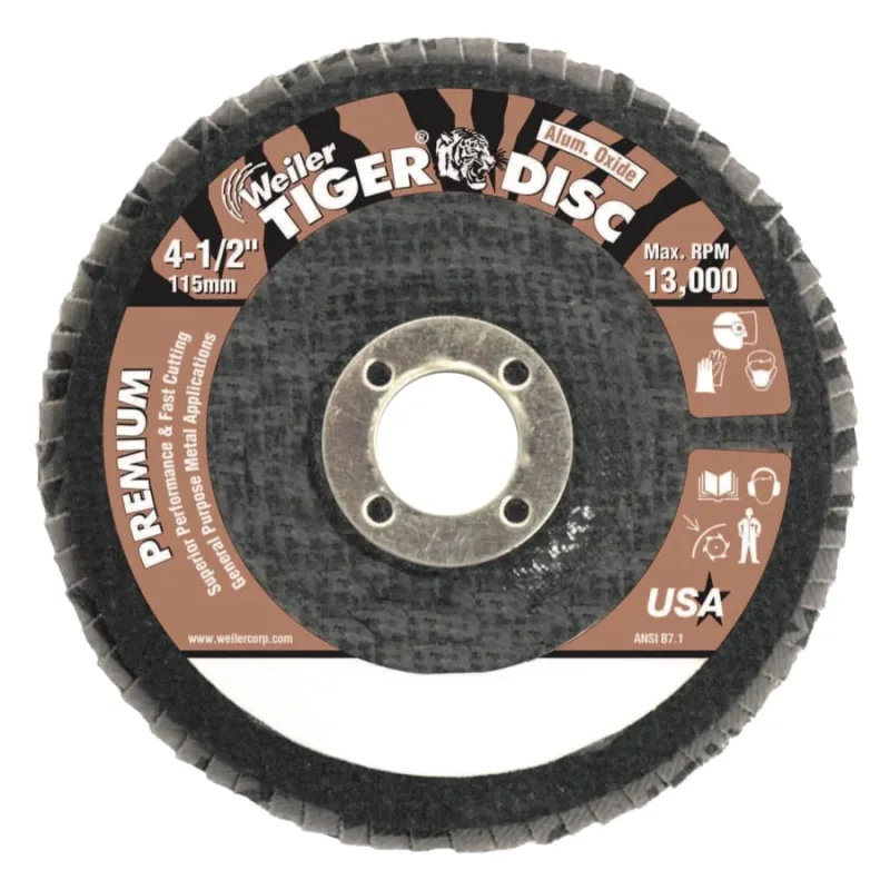 Tiger® Disc Angled Style Flap Discs, 4 in Dia, 60 Grit, 5/8 in Arbor, 15000 rpm