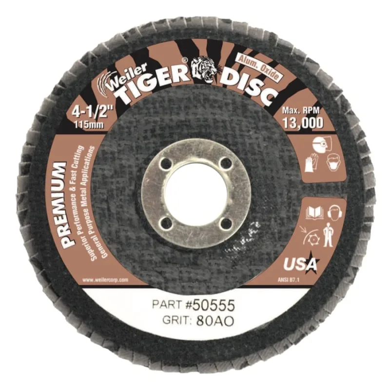 Tiger® Disc Angled Style Flap Discs,4 in,80 Grit,5/8 Arbor,Phenolic Back,Alum Oxid