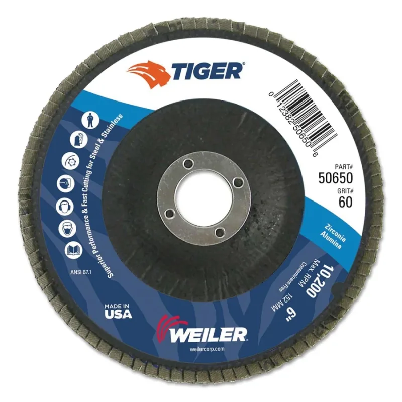 Tiger® Disc Abrasive Flap Disc, 6 in dia, 60 Grit, 7/8 Arbor, 10200 rpm, Type 29