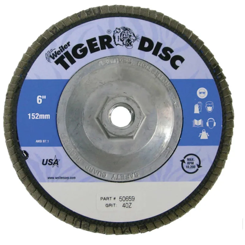 Tiger Disc Abrasive Flap Discs, 6 in,40 Grit, 5/8 Arbor, 10,200 rpm