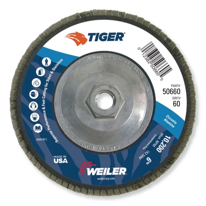 Tiger® Disc Abrasive Flap Disc, 6 in dia, 60 Grit, 5/8 in-11, 10200 rpm, Type 29