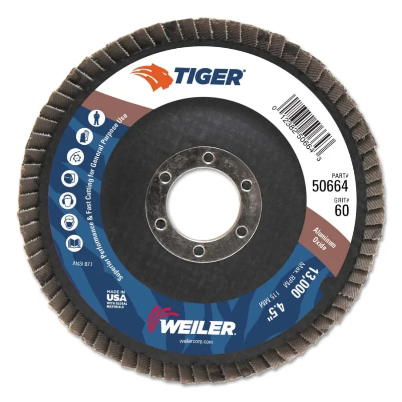 Tiger® Disc Flat Style Flap Discs, 4.5 in,60 Grit,7/8 Arbor,Phenolic Back,Alum Oxid