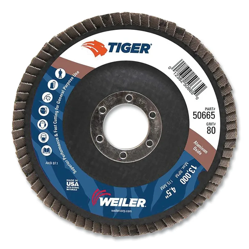 Tiger® Disc Abrasive Flap Disc, 4-1/2 in dia, 7/8 in arbor, 80 grit, 13000 RPM