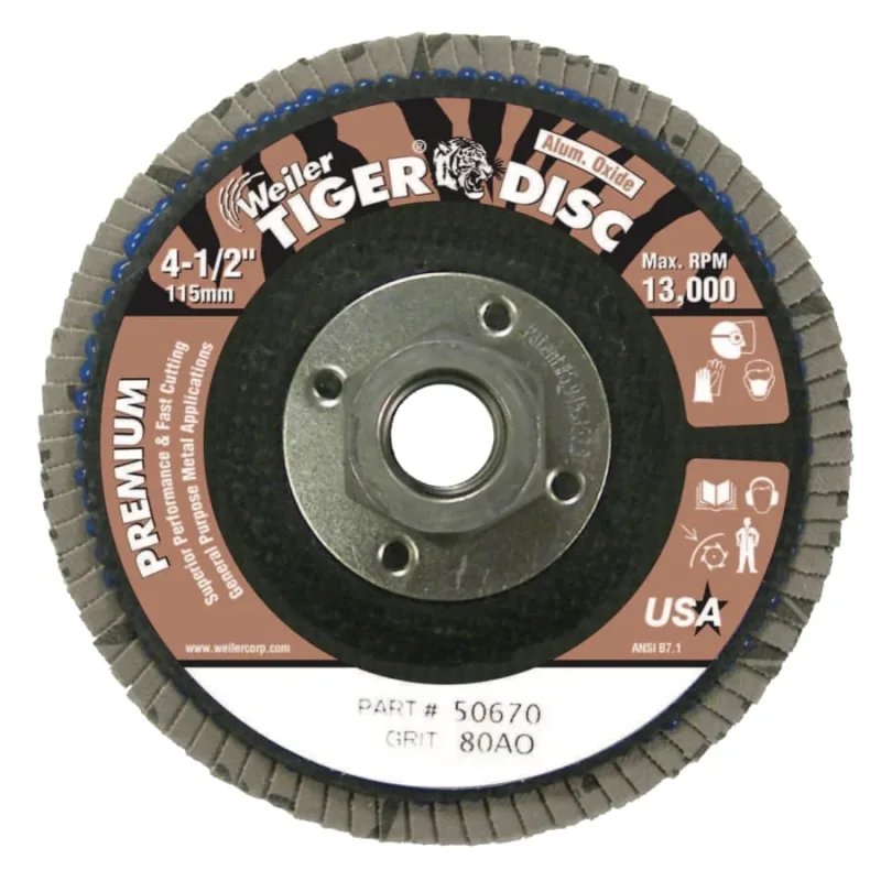 Tiger® Disc Flat Style Flap Discs, 4 1/2 in, 80 Grit, 5/8 Arbor, Phenolic Back