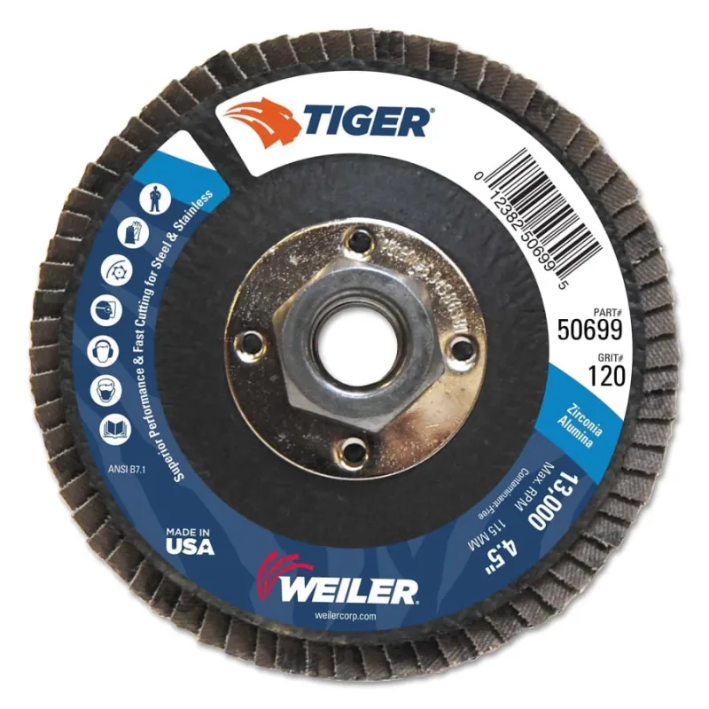 Tiger Premium Flap Discs, 4 1/2 in Dia, 120 Grit, 5/8 in-11 Arbor, 13000 rpm