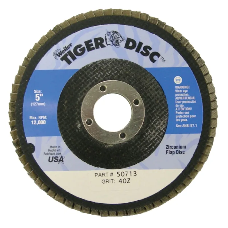 Tiger® Disc Flat Style Flap Discs, 5 in, 40 Grit, 7/8 Arbor, Phenolic Back