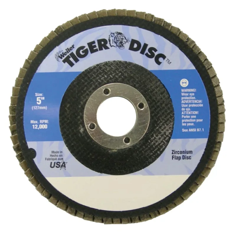 Tiger® Disc Flat Style Flap Discs, 5 in,60 Grit,7/8 Arbor,Phenolic Back,Zirconium
