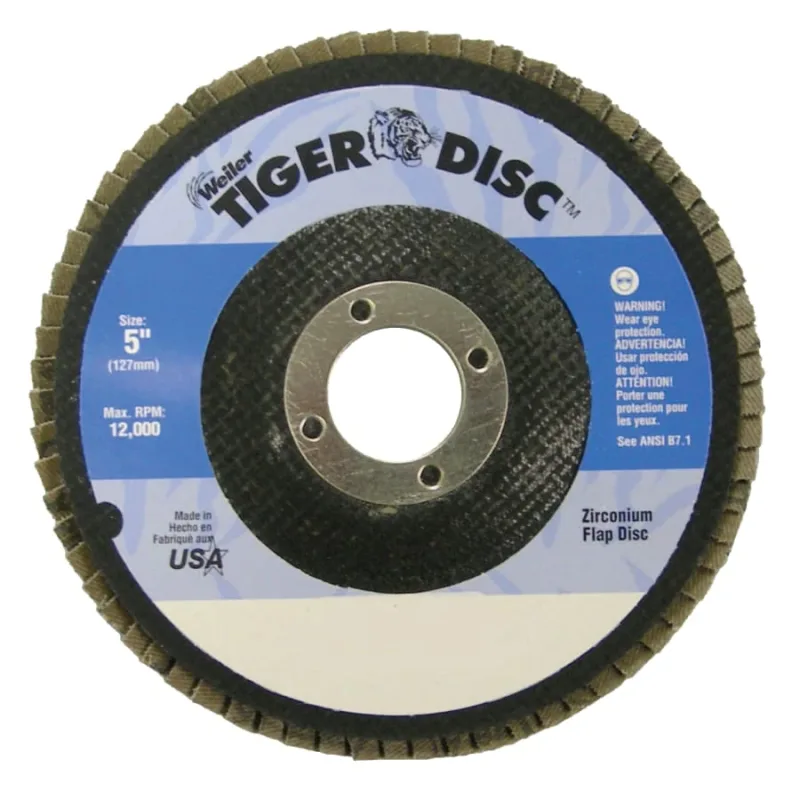 Tiger® Disc Flat Style Flap Discs, 5 in, 80 Grit, 7/8 Arbor, Phenolic Back
