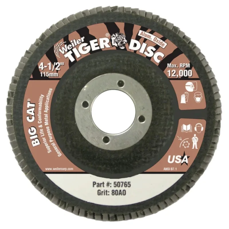 Tiger® Big Cat® High Density Flap Disc, 4-1/2 in dia, 80 Grit, 7/8 in Arbor, 12,000 RPM, Type 27