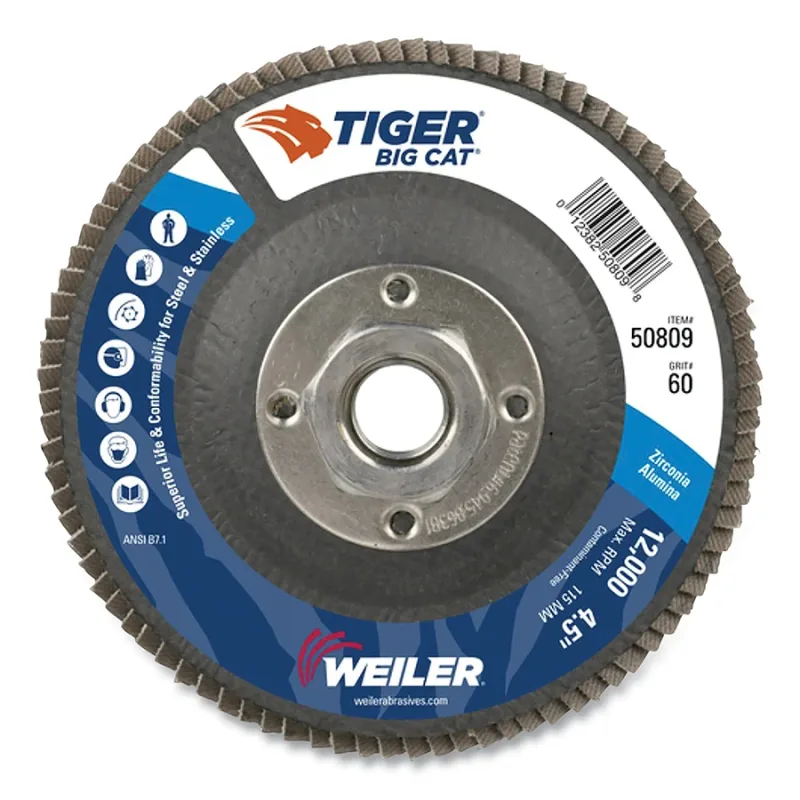 Tiger® Big Cat® High Density Flap Disc, 4-1/2 in dia, 60 grit, 5/8 in to 11 in arbor, 12000 RPM