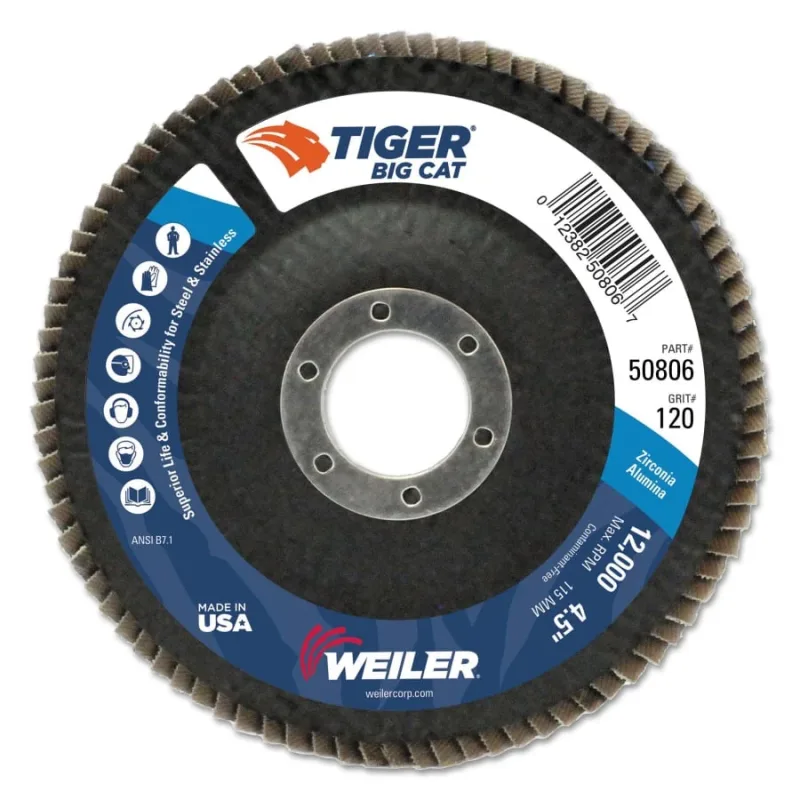 Tiger® Big Cat® High Density Flap Disc, 4-1/2 in dia, 120 Grit, 7/8 in Arbor, 12000 RPM, Type 27