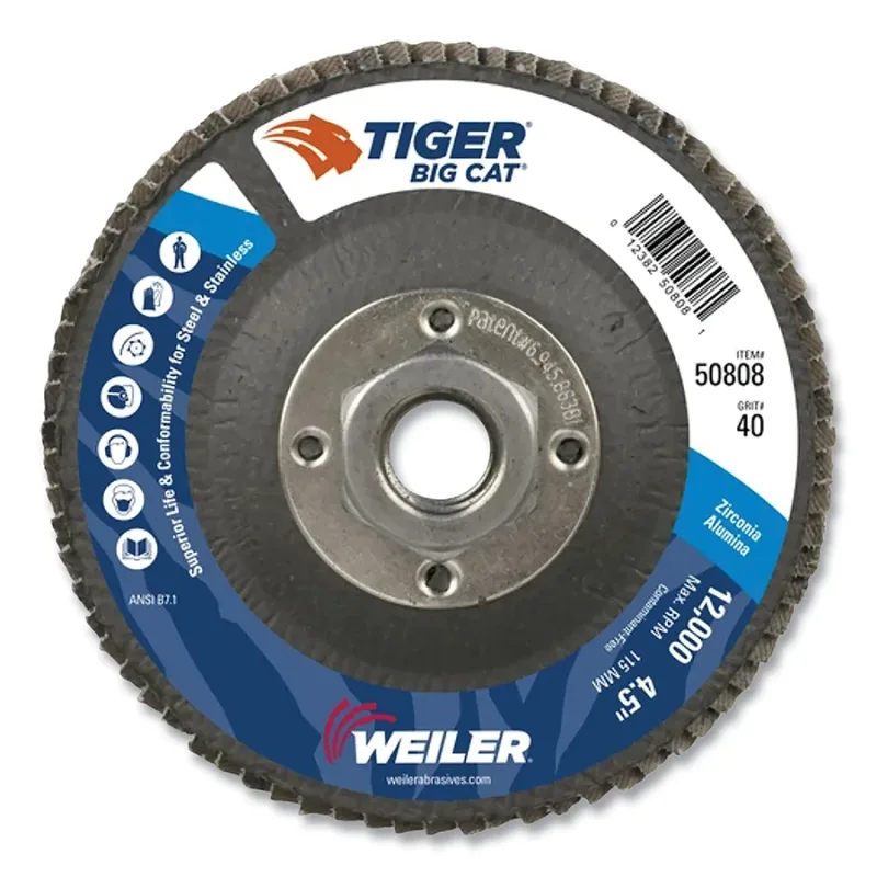 Tiger® Big Cat® High Density Flap Disc, 4-1/2 in dia, 40 Grit, 5/8 in-11, 12000 RPM, Type 27
