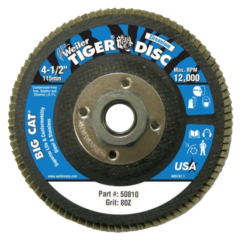 Tiger® Big Cat® High Density Flap Disc, 4-1/2 in dia, 80 Grit, 5/8 in-11, 12000 RPM, Type 27