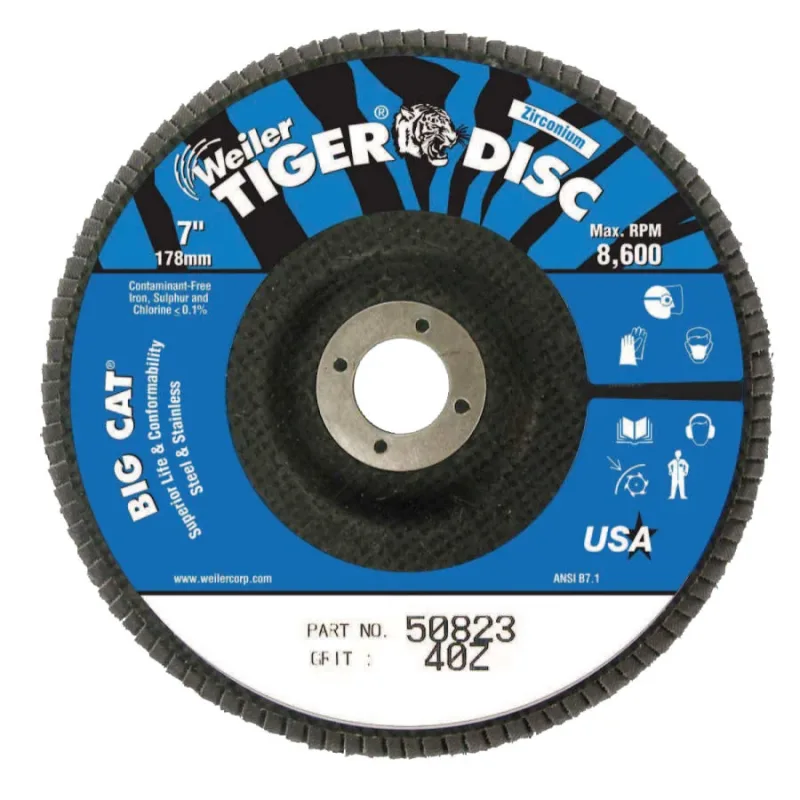 Tiger® Big Cat® High Density Flap Disc, 7 in, 40 Grit, 7/8 in Arbor, 8,600 RPM, Type 27