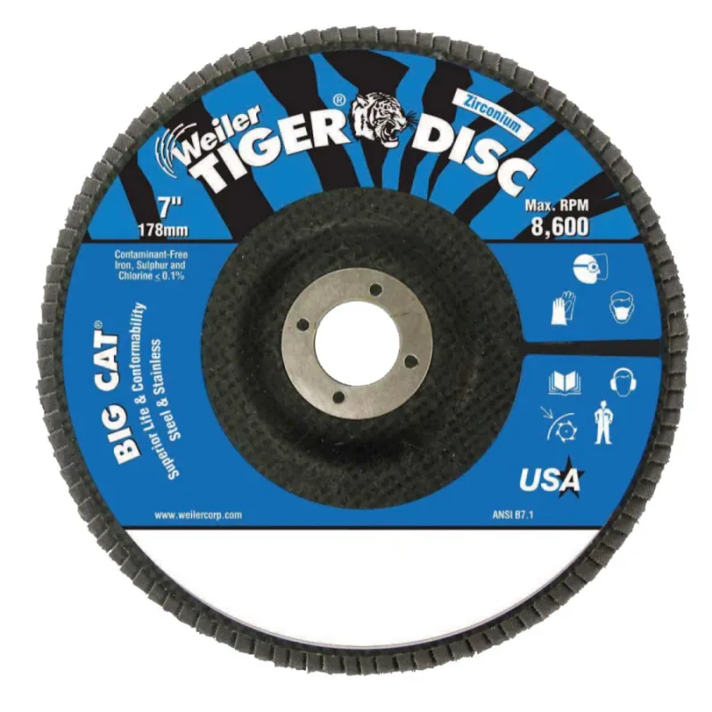 Tiger® Big Cat® High Density Flap Disc, 7 in dia, 80 Grit, 7/8 in Arbor, 8,600 RPM, Type 27