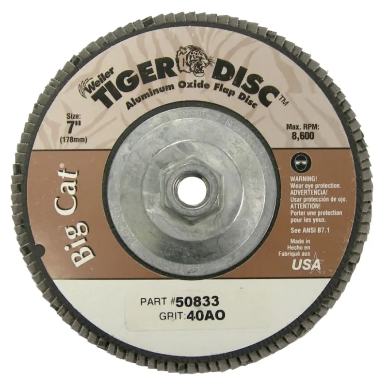 Tiger® Big Cat® High Density Flap Disc, 7 in, 40 Grit, 5/8 in-11 UNC Arbor, 8,600 RPM, Type 27