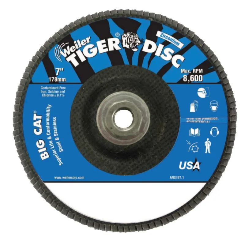 Tiger® Big Cat® High Density Flap Disc, 7 in dia, 80 Grit, 5/8 in-11 Arbor, 8600 RPM, Type 27