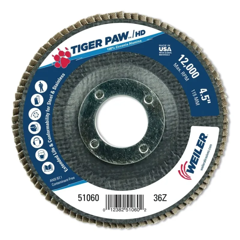 Tiger Paw™ Super High Density Flap Disc, 4-1/2 in dia, 36 Grit, 7/8 in Arbor, 12000 RPM, Type 29 Conical