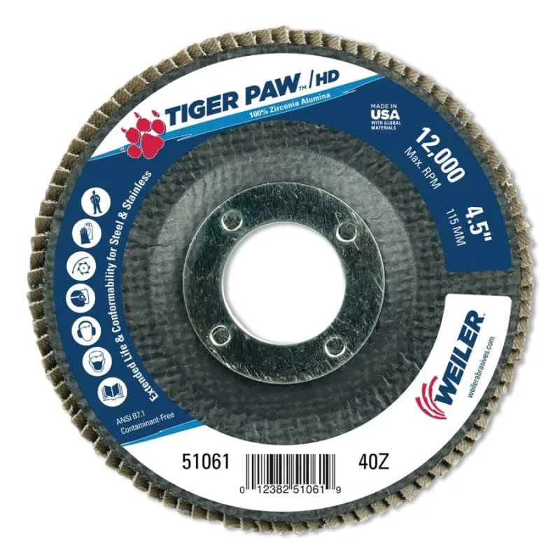 Tiger Paw™ Super High Density Flap Disc, 4-1/2 in dia, 40 Grit, 7/8 in Arbor, 12000 RPM, Type 29 Conical