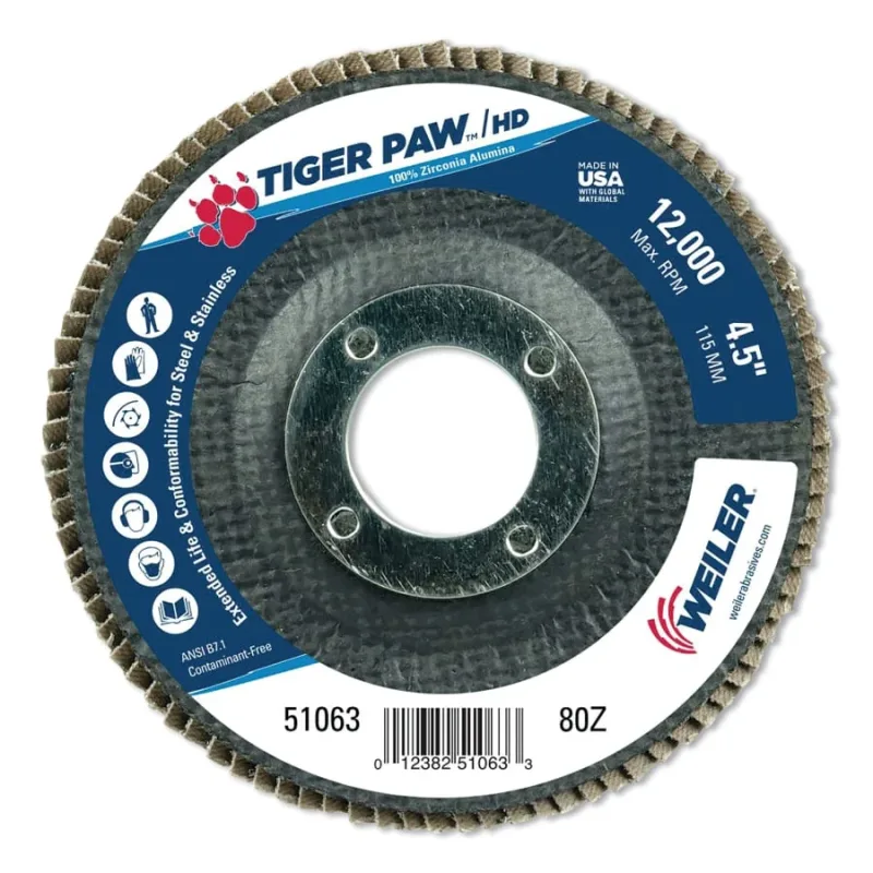 Tiger Paw™ Super High Density Flap Disc, 4-1/2 in dia, 80 Grit, 7/8 in Arbor, 12000 RPM, Type 29 Conical