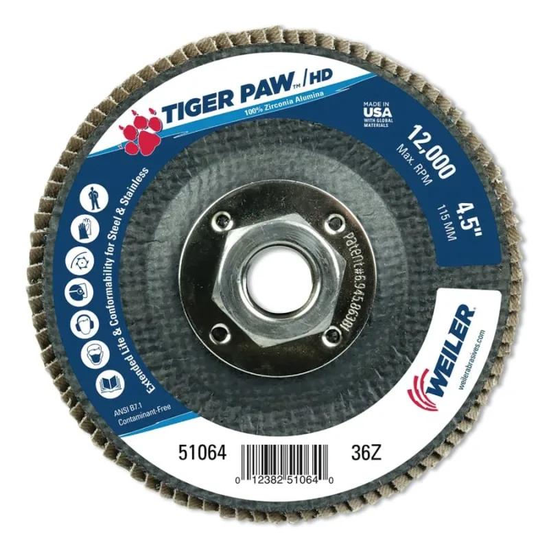 Tiger Paw™ Super High Density Flap Disc, 4-1/2 in dia, 36 Grit, 5/8 in-11 Arbor, 12000 RPM, Type 29 Conical