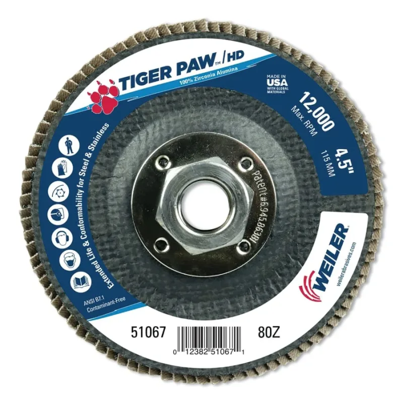 Tiger Paw™ Super High Density Flap Disc, 4-1/2 in dia, 80 Grit, 5/8 in-11 Arbor, 12000 RPM, Type 29 Conical