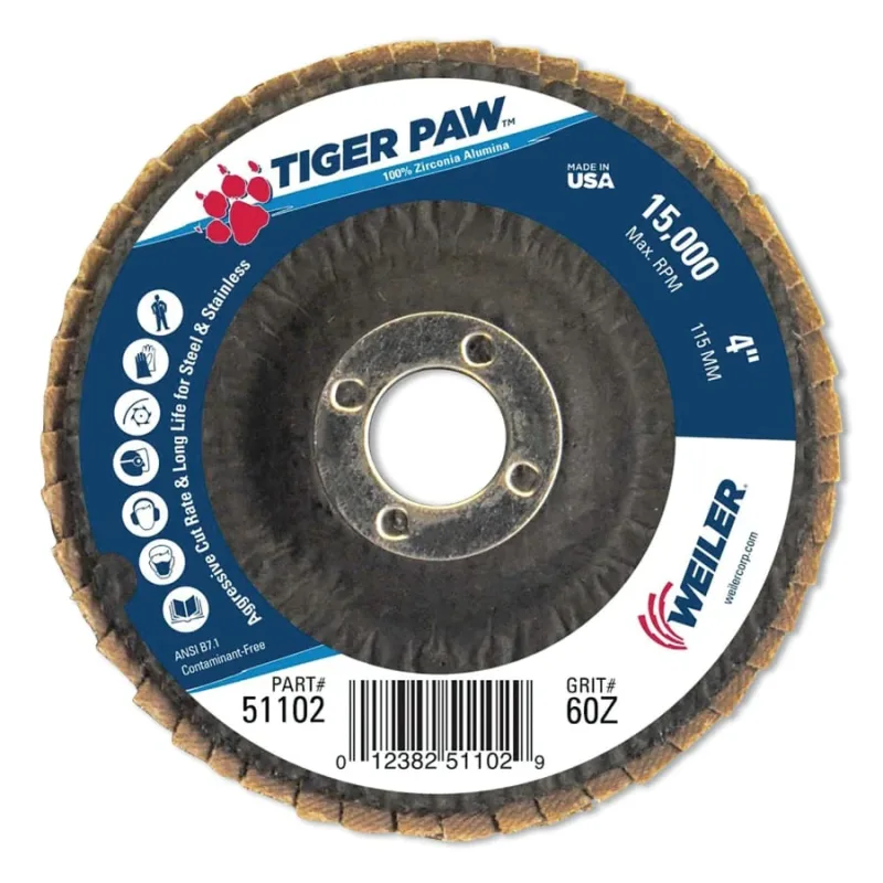 Tiger Paw Coated Abrasive Flap Discs, 4", 60 Grit, 5/8 Arbor, Phenolic Back