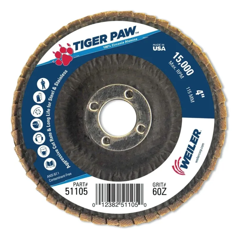 Tiger Paw™ TY29 Coated Abrasive Flap Disc, 4", 60 Grit, 5/8 Arbor, 15,000 RPM