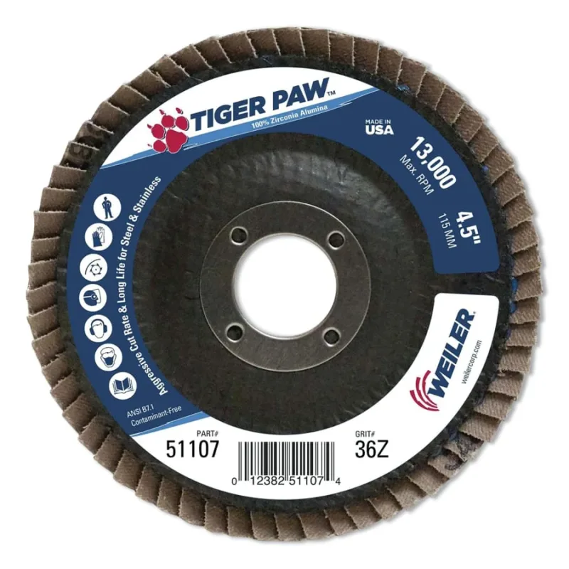 Tiger Paw™ Coated Abrasive Flap Disc, 4-1/2 in, 36 Grit, 7/8 Arbor, Phenolic, 13,000 RPM