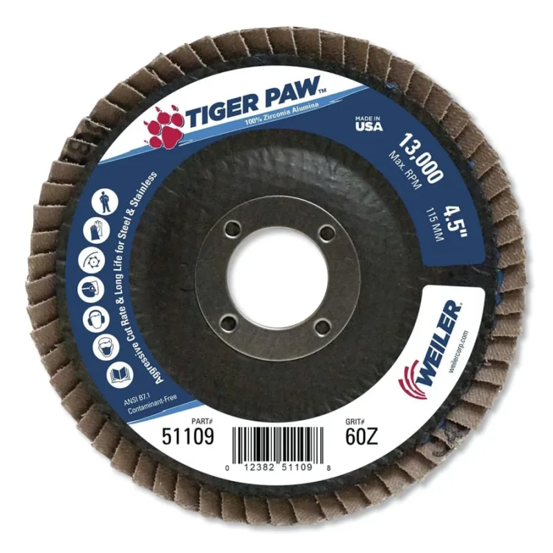 Tiger Paw™ Coated Abrasive Flap Disc, 4-1/2 in dia, 60 Grit, 7/8 Arbor, 13000 rpm, Type 27