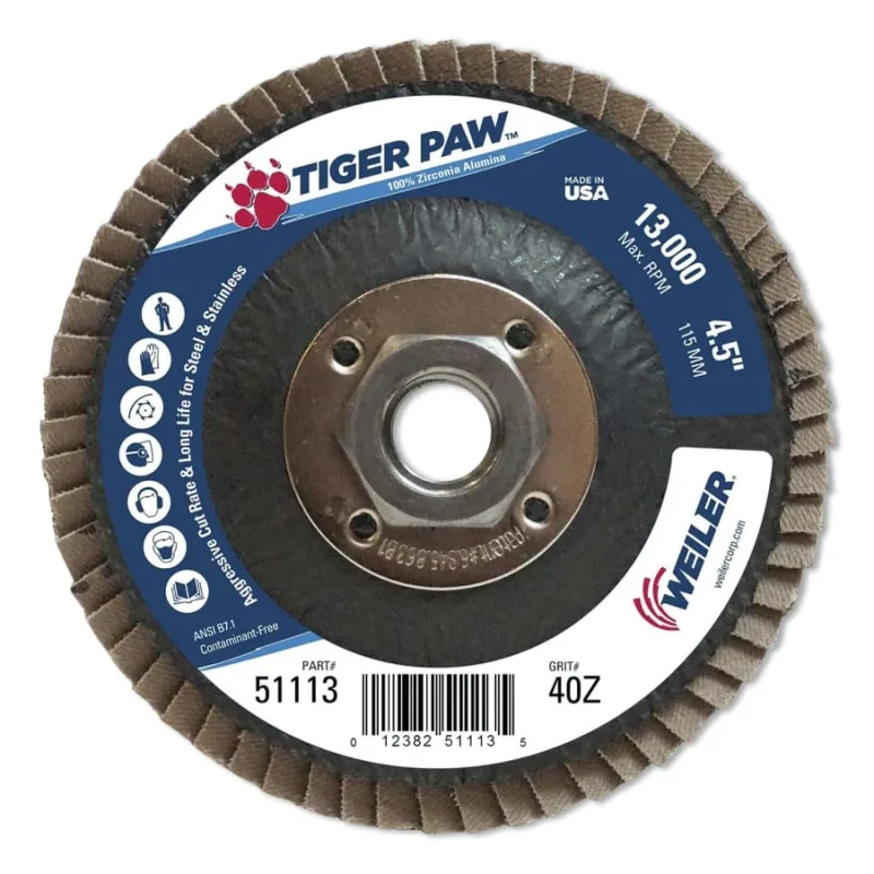 Tiger Paw™ Coated Abrasive Flap Disc, 4-1/2 in, 40 Grit, 5/8 Arbor, Phenolic Back