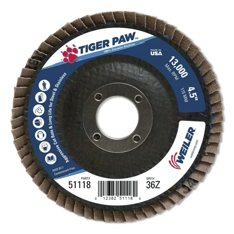 Tiger Paw™ TY29 Coated Abrasive Flap Disc, 4 1/2",36 Grit, 7/8 Arbor, 13,000 RPM