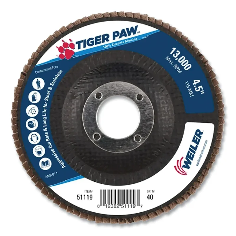 Tiger Paw™ TY29 Coated Abrasive Flap Disc, 4-1/2 in dia, 40 Grit, 7/8 Arbor, 13000 rpm