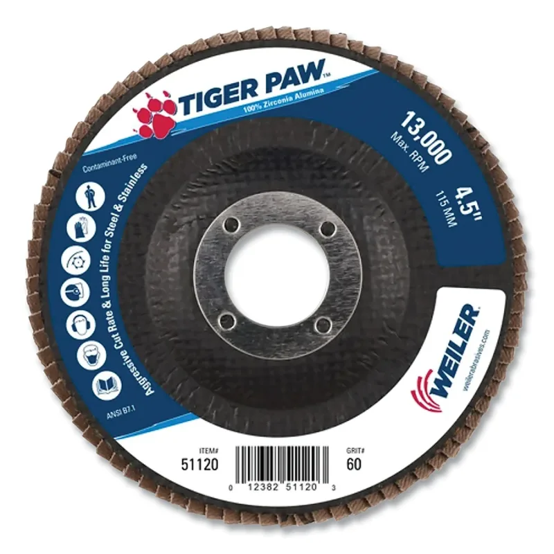 Tiger Paw™ TY29 Coated Abrasive Flap Disc, 4-1/2 in, 60 Grit, 7/8 Arbor, 13,000 RPM