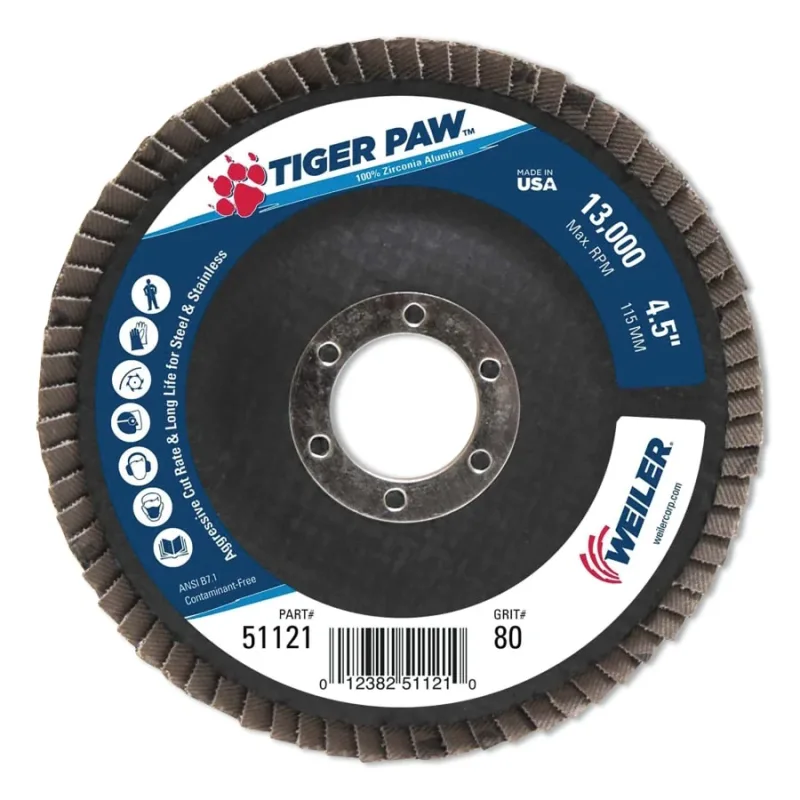 Tiger Paw™ TY29 Coated Abrasive Flap Disc, 4-1/2 in, 80 Grit, 7/8 Arbor, 13,000 RPM