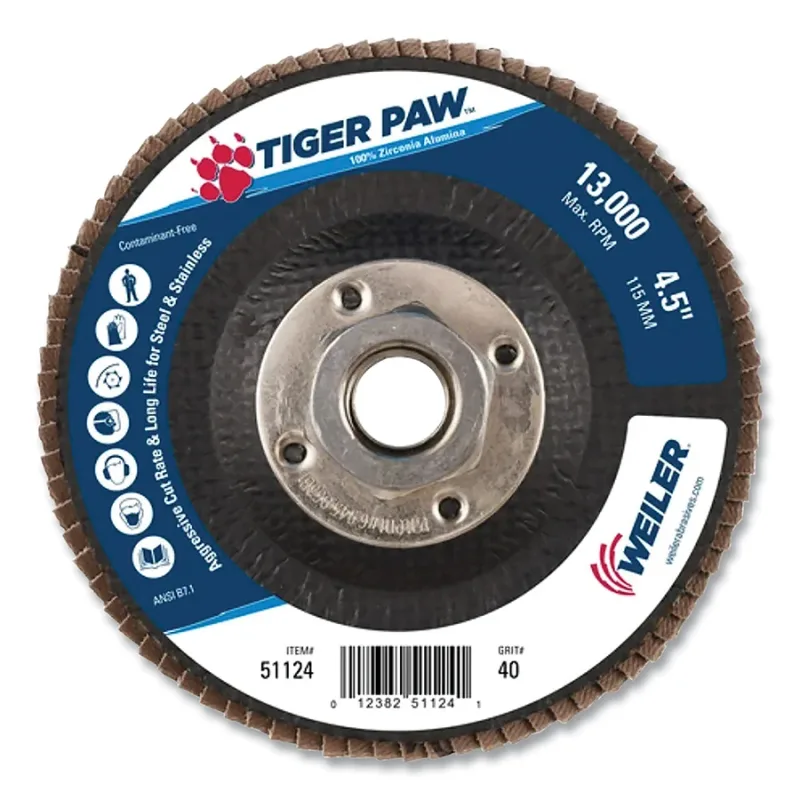 Tiger Paw™ TY29 Coated Abrasive Flap Disc, 4 -1/2 in dia, 40 Grit, 5/8 in-11, 13000 rpm