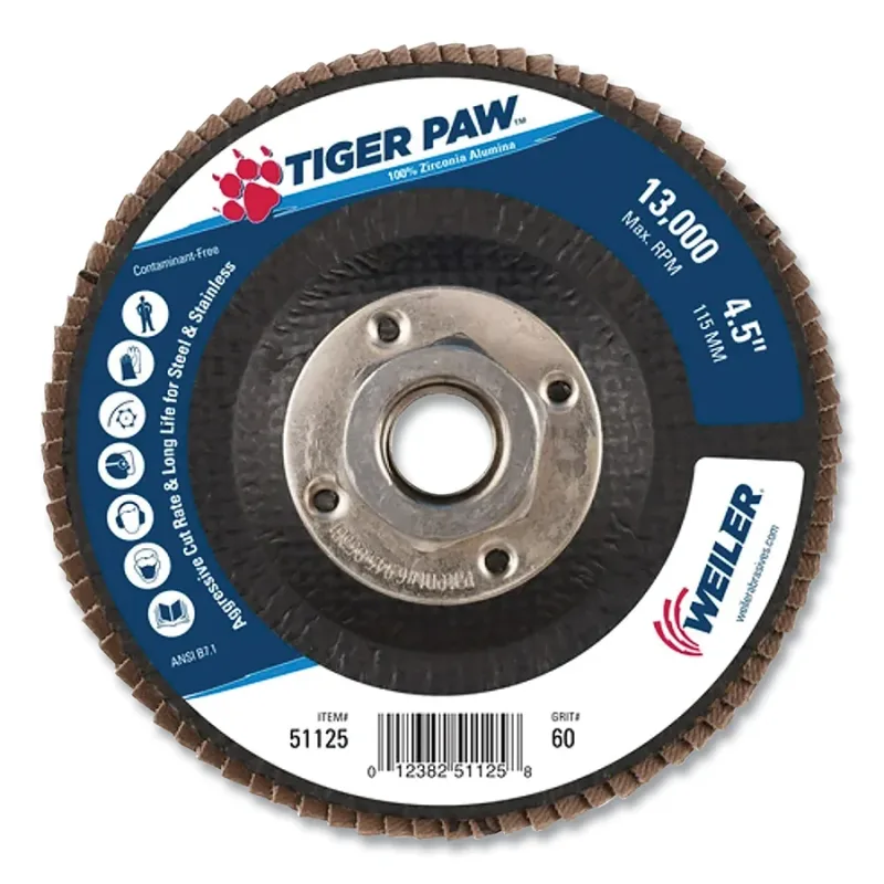 Tiger Paw™ TY29 Coated Abrasive Flap Disc, 4-1/2 in dia, 60 Grit, 5/8 in-11, 13000 rpm