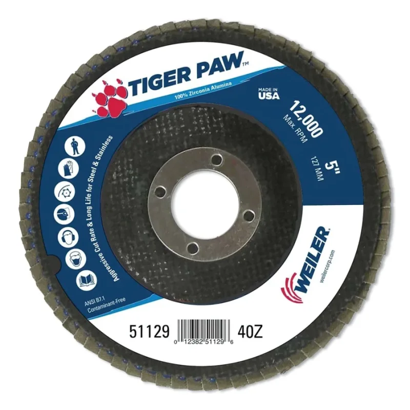 Tiger Paw™ TY29 Coated Abrasive Flap Disc, 5", 40 Grit, 7/8 Arbor, 12,000 RPM