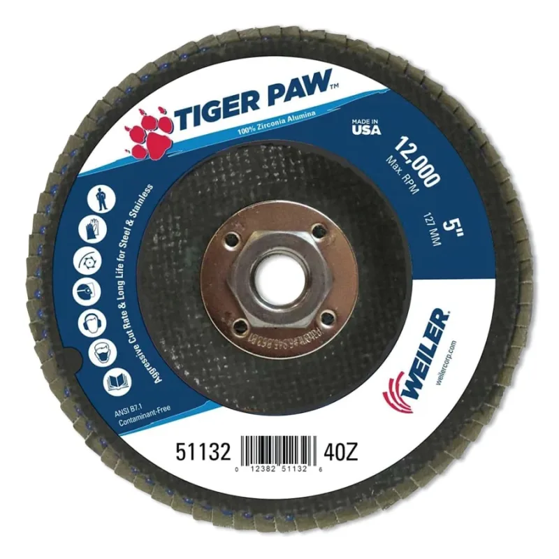 Tiger Paw™ TY29 Coated Abrasive Flap Disc, 5", 40 Grit, 5/8 Arbor, 12,000 RPM