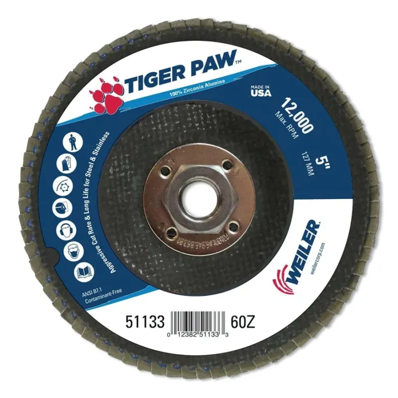 Tiger Paw™ TY29 Coated Abrasive Flap Disc, 5", 60 Grit, 5/8 Arbor, 12,000 RPM