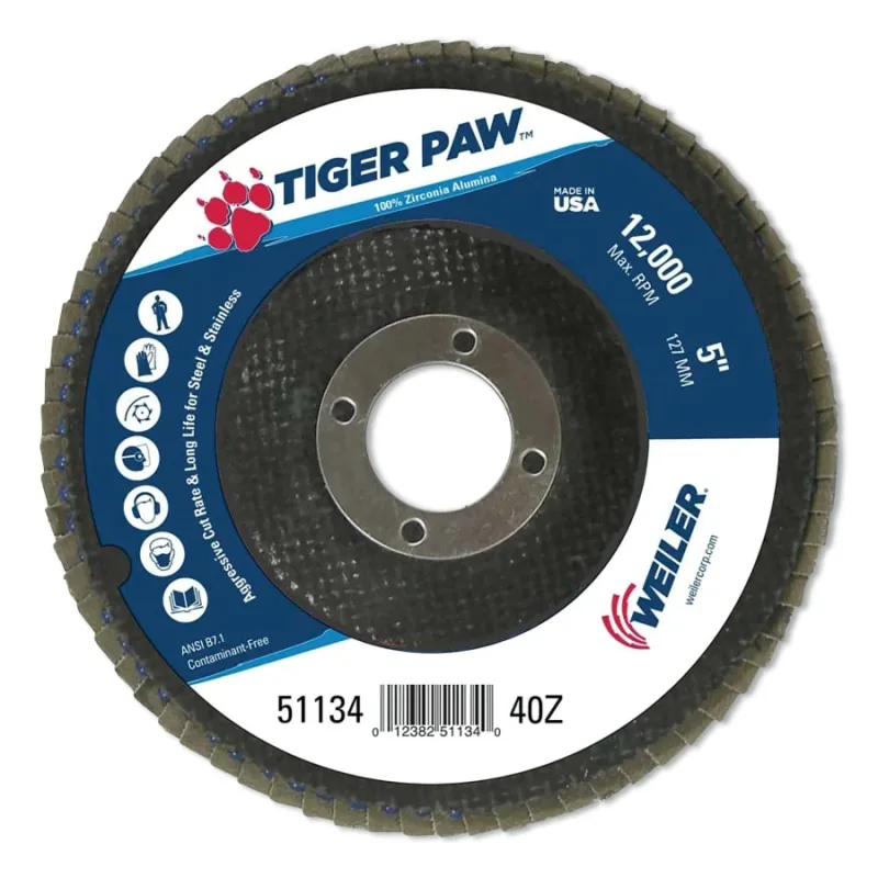 Tiger Paw Coated Abrasive Flap Discs, 5", 40 Grit, 7/8 Arbor, Phenolic Back