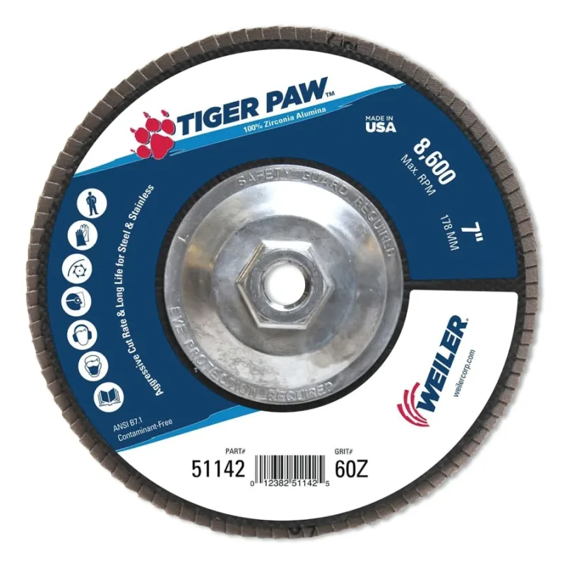 Tiger Paw Coated Abrasive Flap Discs, 7", 60 Grit, 5/8 Arbor, Phenolic Back
