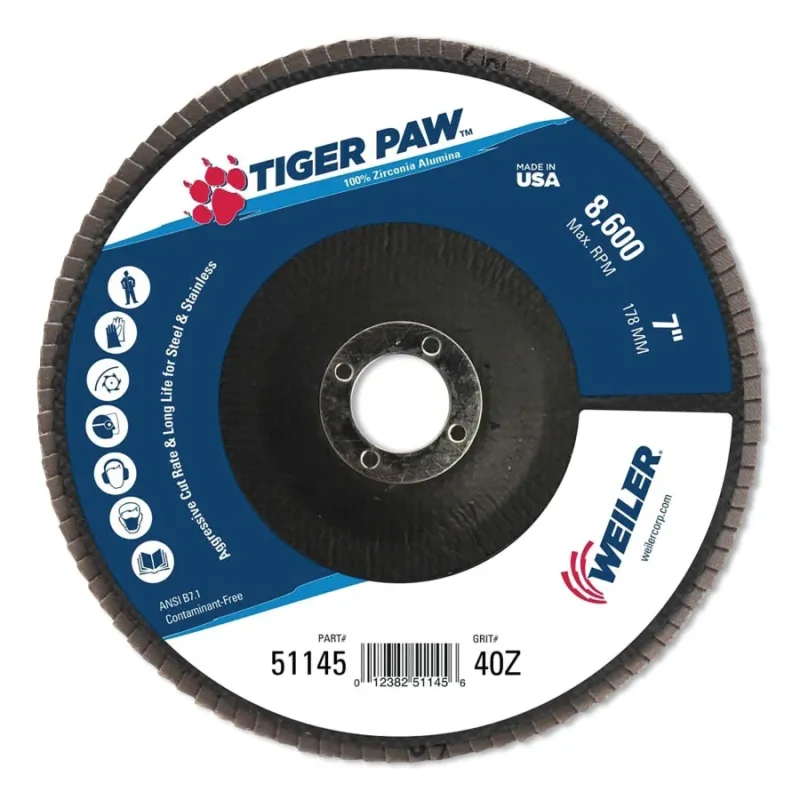 Tiger Paw™ TY29 Coated Abrasive Flap Disc, 7", 40 Grit, 7/8 Arbor, 8,600 RPM