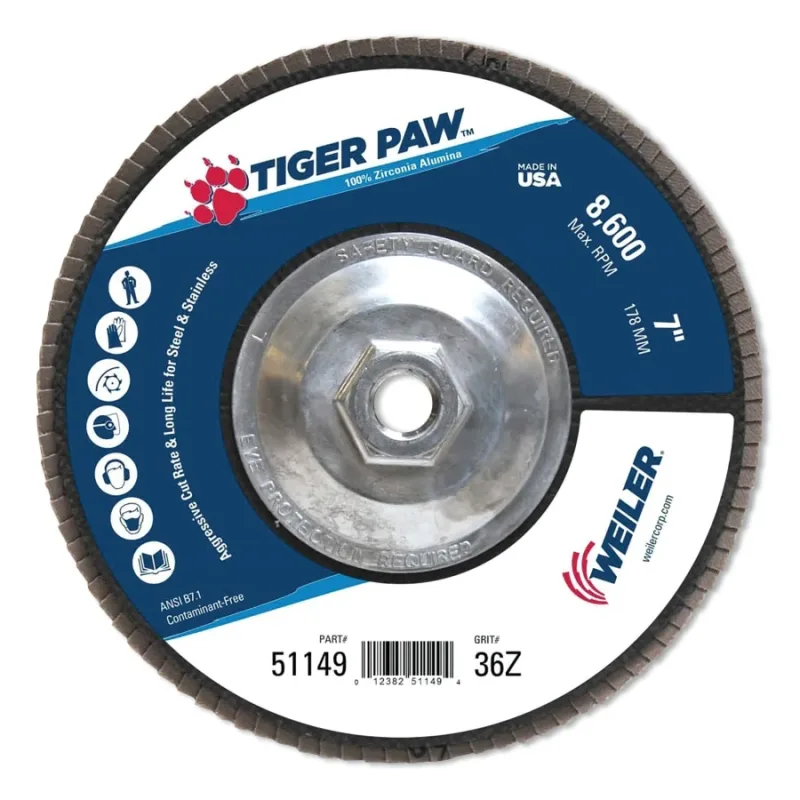 Tiger Paw™ TY29 Coated Abrasive Flap Disc, 7", 36 Grit, 5/8 Arbor, 8,600 RPM