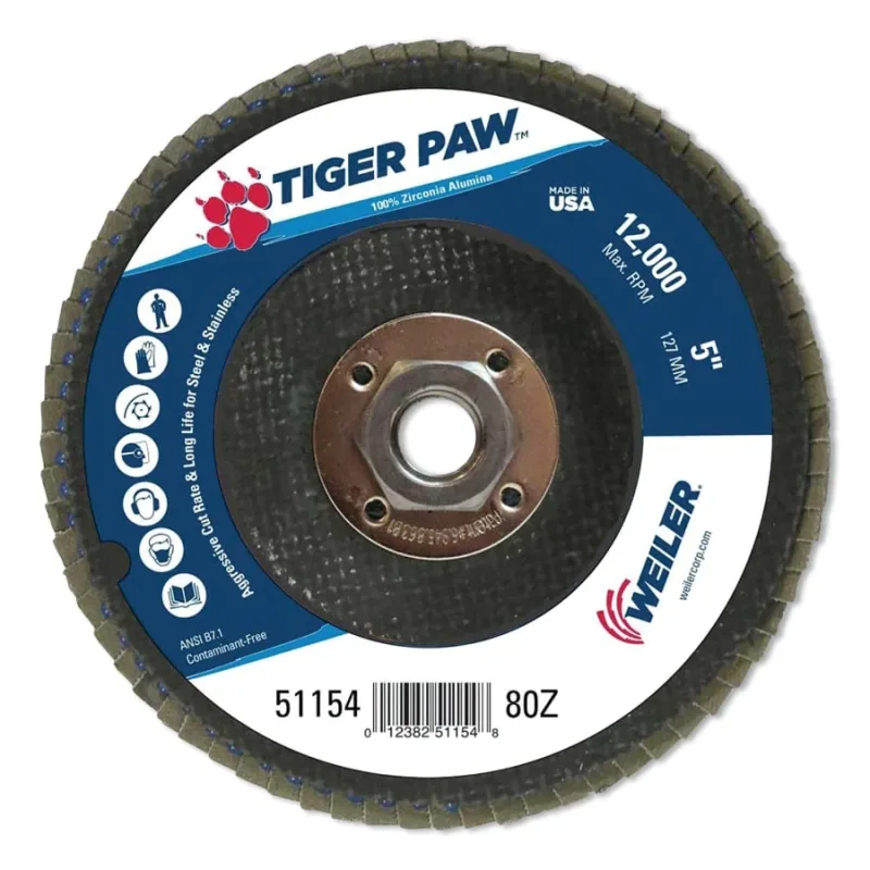 Tiger Paw™ TY29 Coated Abrasive Flap Disc, 5", 60 Grit, 5/8 Arbor, 12,000 RPM